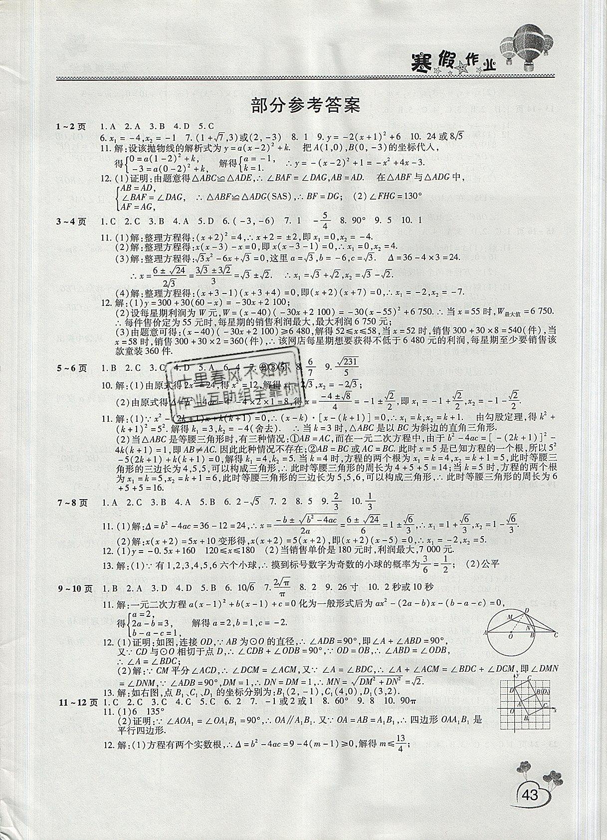 2019年新锐图书寒假作业假期园地九年级数学