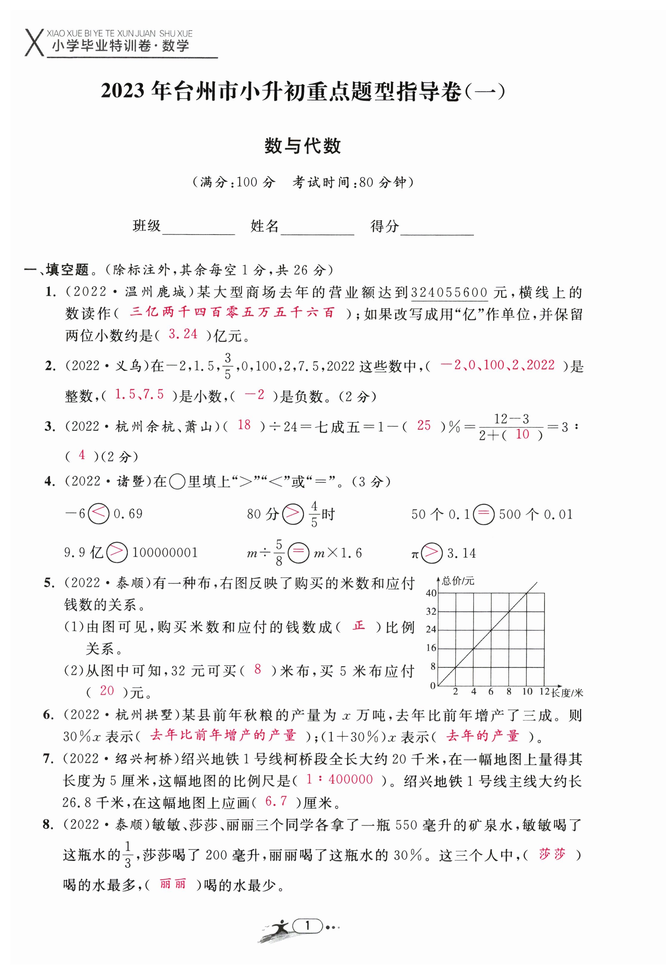2023年小学毕业特训卷六年级数学人教版台州专版 第1页
