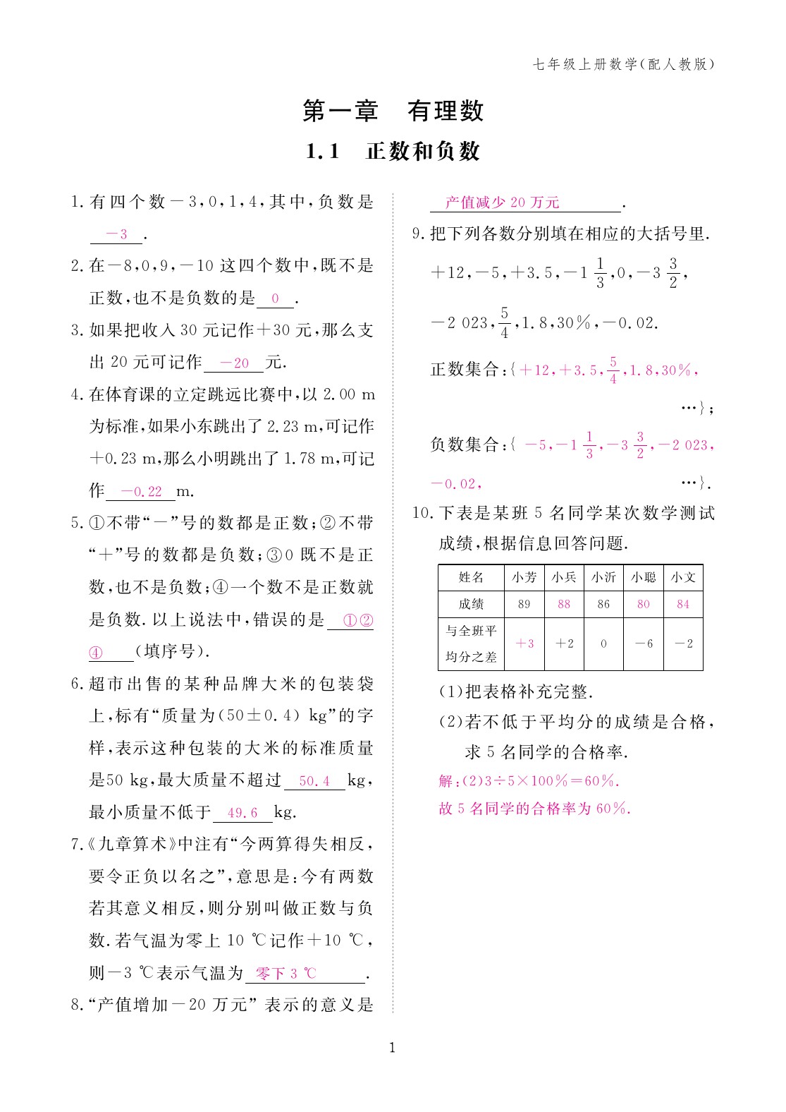 2023年作业本江西教育出版社七年级数学上册人教版 第1页