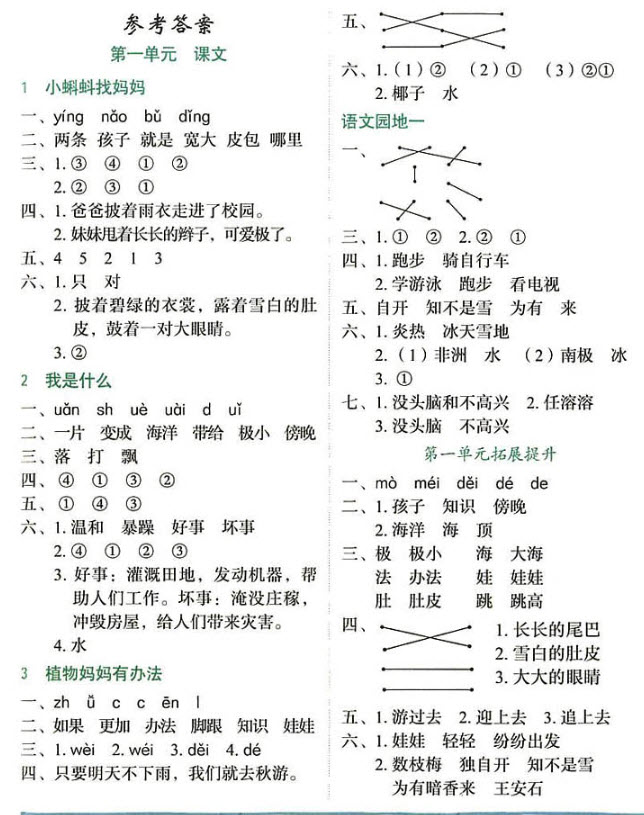 2018年人教版黃岡小狀元作業(yè)本二年級(jí)上冊(cè)語(yǔ)文參考答案 第1頁(yè)