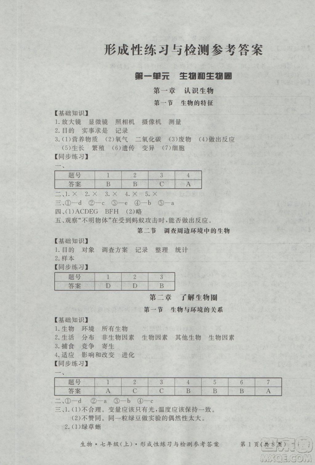 新課標(biāo)形成性練習(xí)與檢測(cè)七年級(jí)生物上冊(cè)2018參考答案 第1頁(yè)