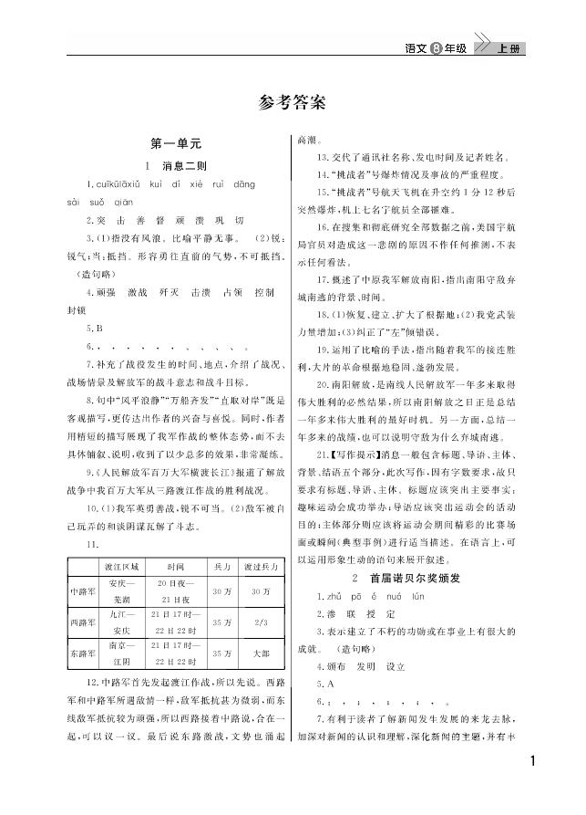 武汉出版社2018智慧学习课堂作业人教版8年级语文上册答案 第1页