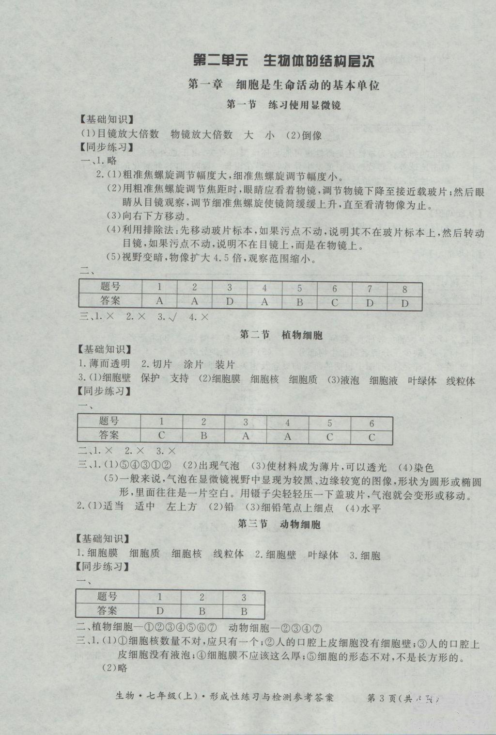 2018年形成性练习与检测七年级上生物参考答案 第3页