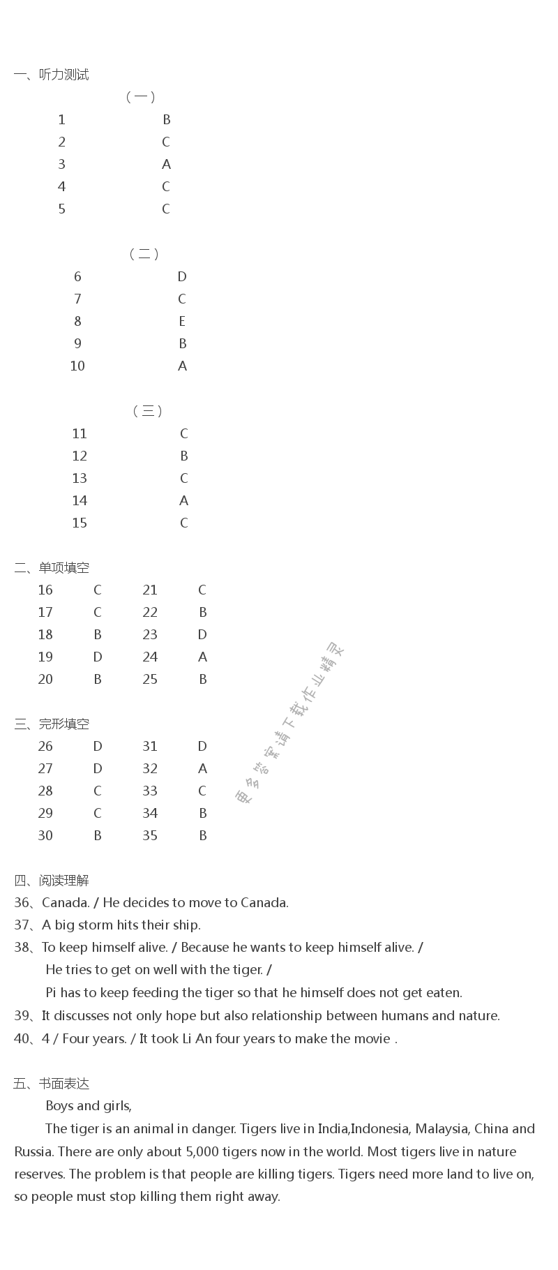 人教版八年级下册英语金牌练习册单元评价检测（七）答案