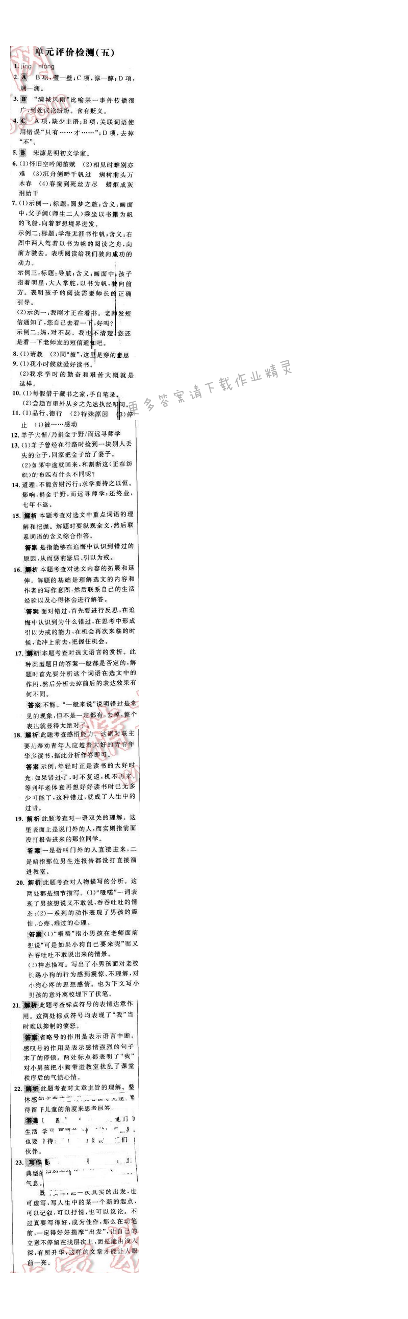 世纪金榜金榜学案八年级语文下册苏教版 阶段检测卷 单元评价检测（五）