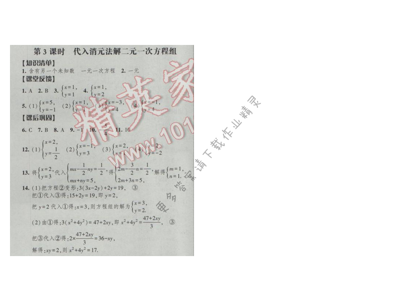 经纶学典新课时作业七年级数学下册江苏版第十章 第3课时 代入消元法解二元一...