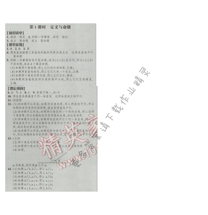 2017经纶学典新课时作业七年级数学下册江苏版第十二章 第1课时 定义与命题