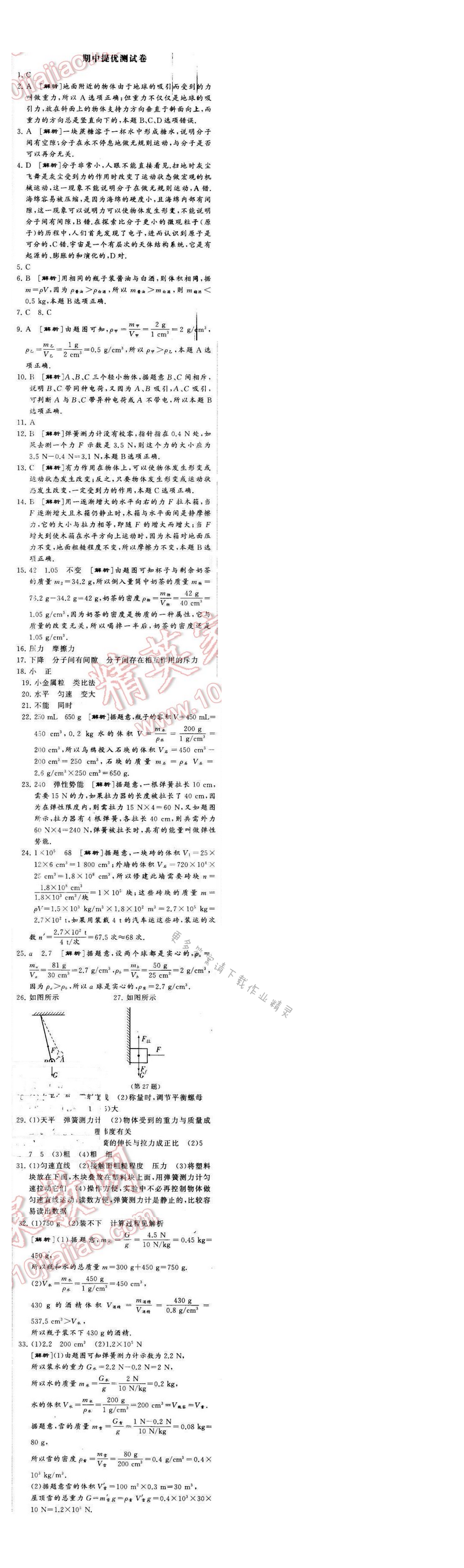 2016年经纶学典学霸八年级物理下册江苏版期中提优测试卷
