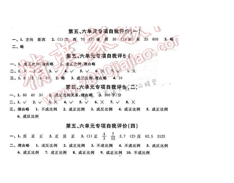 2016年优学有道绿色互动空间六年级数学下册江苏版 第五、六单元专项自我评价