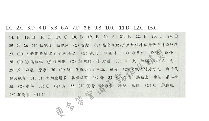 苏教版七年级生物学习与评价下册 期末自主评价（二）