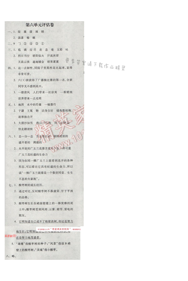 苏教版2017年六年级语文下册全品学练考 第六单元评估卷