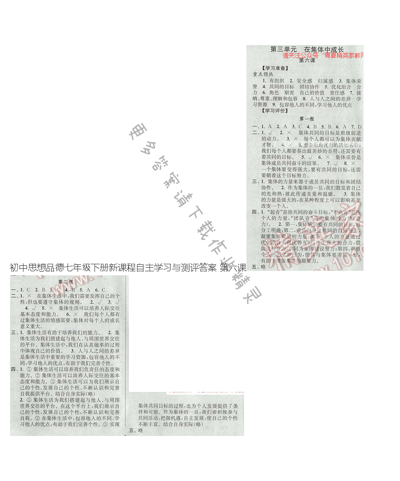 初中思想品德七年级下册新课程自主学习与测评答案 第六课