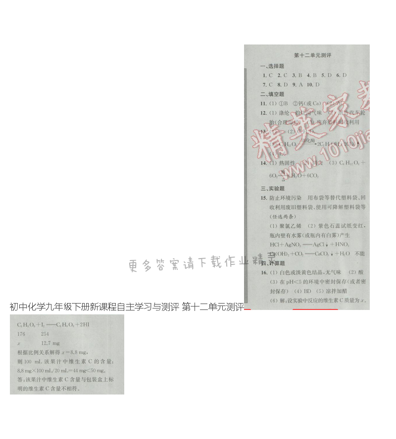 初中化学九年级下册新课程自主学习与测评 第十二单元测评