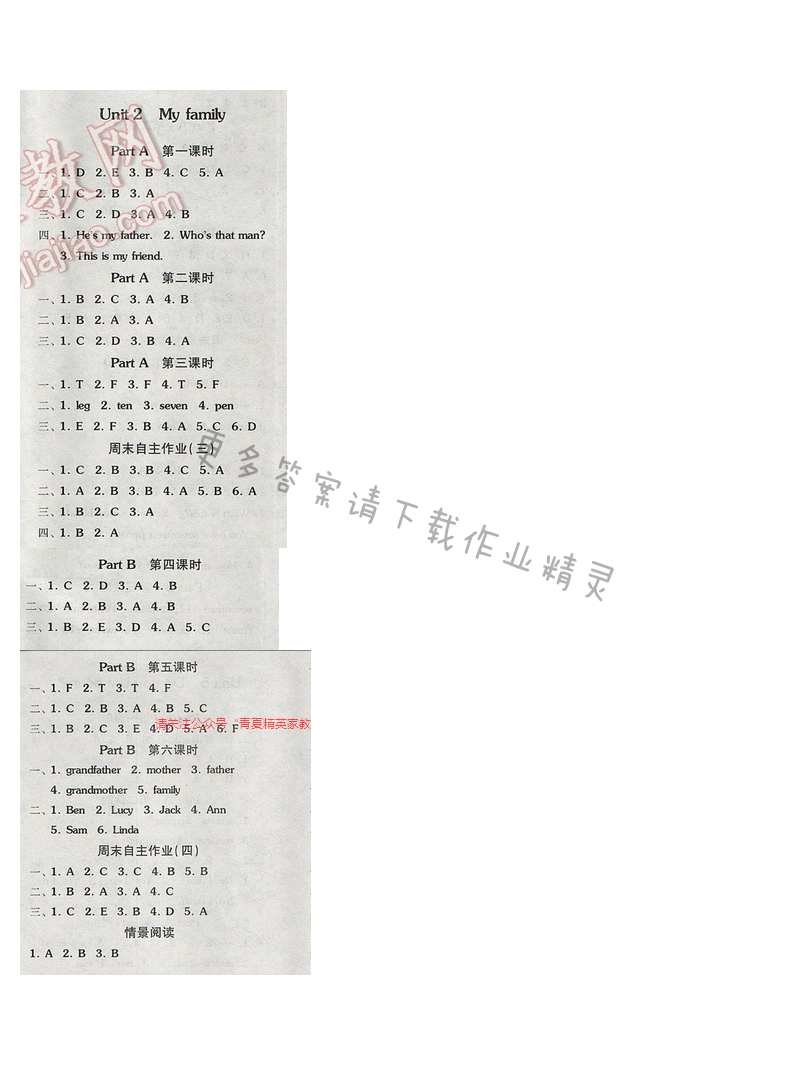 2017人教版三年级英语下册全品学练考 听力及答案Unit2My family