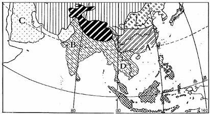 读“世界部分地区气候分布图 .回答问题. (1)从图上可以看出.世界的气候分布有一定的规律性.尤其在非洲大陆上体现得非常明显.请据图填写气候类型:A .B .