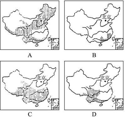 下列四图中阴影,正确表示夏至雨带位置的是(    )