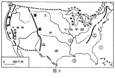 图9是"美国本土地形分布简图",读图回答35—40题.