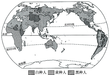 读"世界人种分布图",完成下列问题.