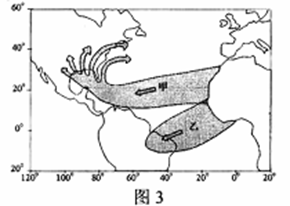 图3为"世界局部区域不同时间沙尘空间分布图 .读图34.