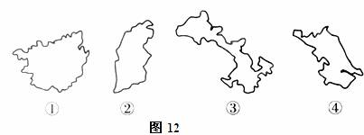 图12为我国几个省区轮廓示意图,读图回答38～39题.