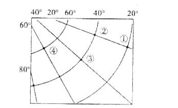 读北半球某地经纬网示意图,完成1-2题.