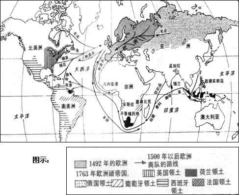 分析下列地图,结合所学知识,回答问题 新兴西方的世界(1763年)