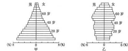 27,下图为"甲,乙两国人口年龄结构金字塔图.