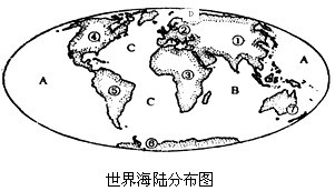 读"世界海陆分布图 .完成下列问题.