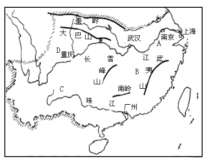 长江中下游平原  c.东南丘陵  d.云贵高原 e.南岭  f.台湾岛  g.