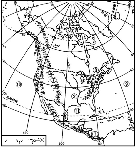 请将图上数字所代表的地理事物名称填在相应的空格里