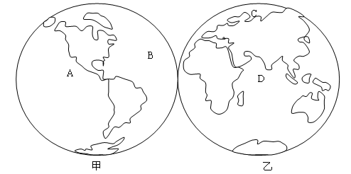 读"东西半球图"图,回答: (1)图中甲半球是 ▲ (东,西)