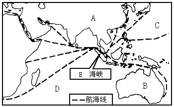 读马六甲海峡示意图.回答问题. (1)写出图中字母所表示的地理事物的名称. A 洲 B 洋 C 洲 D 洋 (2)图中E海峡的名称是