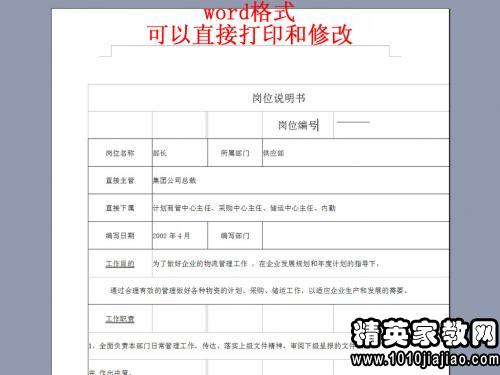 采购主管岗位职责说明书