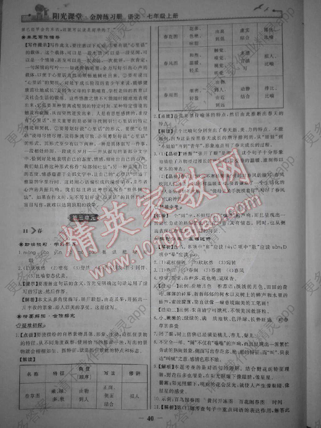 阳光课堂金牌练习册七年级语文上册人教版