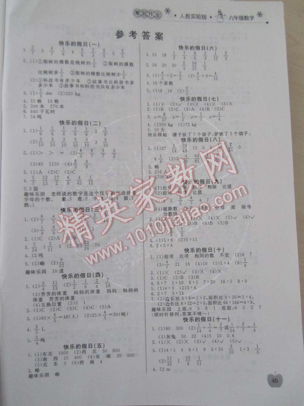 2015年寒假新天地寒假作业六年级数学人教实验版 参考答案第23页