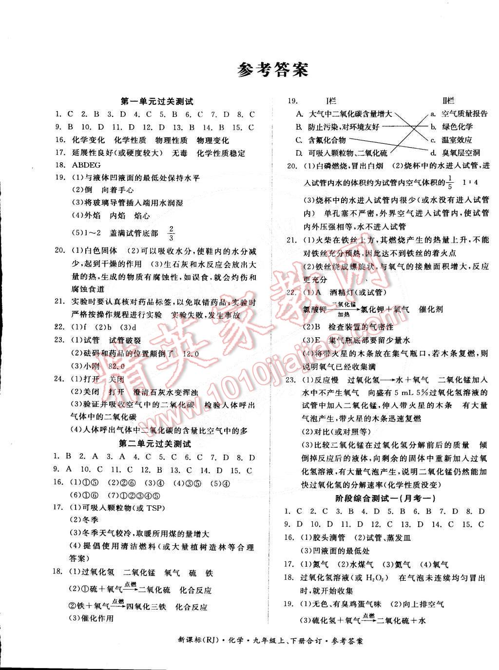 2014年全品小复习九年级化学上下册合订本人教版答案—青夏教育精英