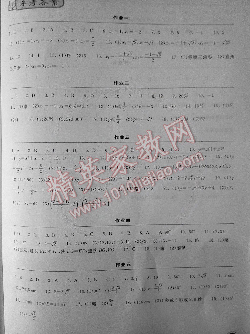 2015年长江作业本寒假作业九年级数学 第1页