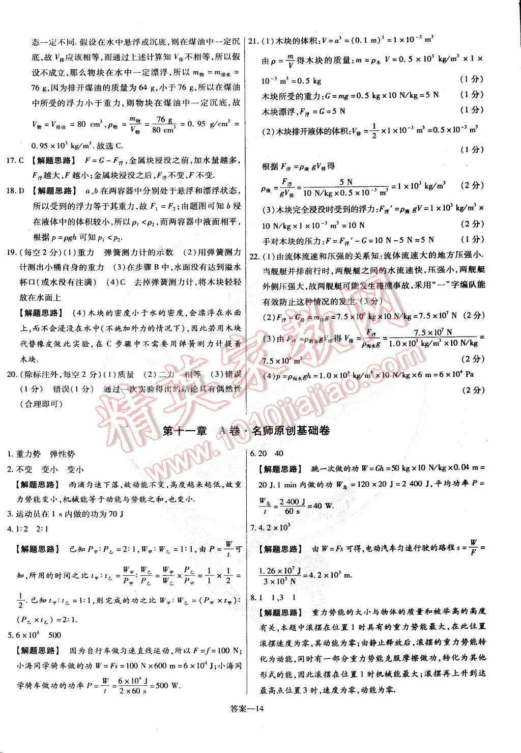 2015年金考卷活頁題選名師名題單元雙測(cè)卷八年級(jí)物理下冊(cè)人教版 第14頁