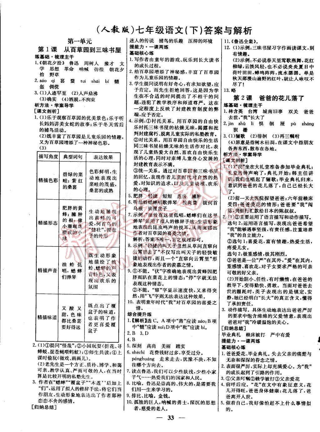 高效课时通七年级语文下册人教版 第1页 参考答案 分享练习册得积分