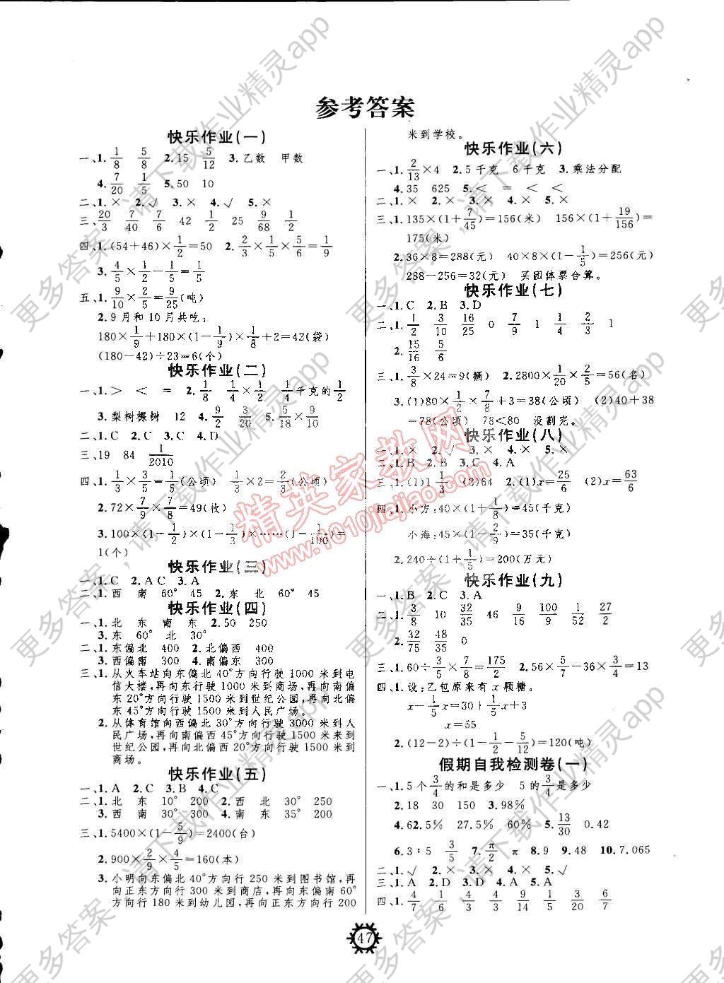 2015年智多星快乐寒假六年级数学北师大版新
