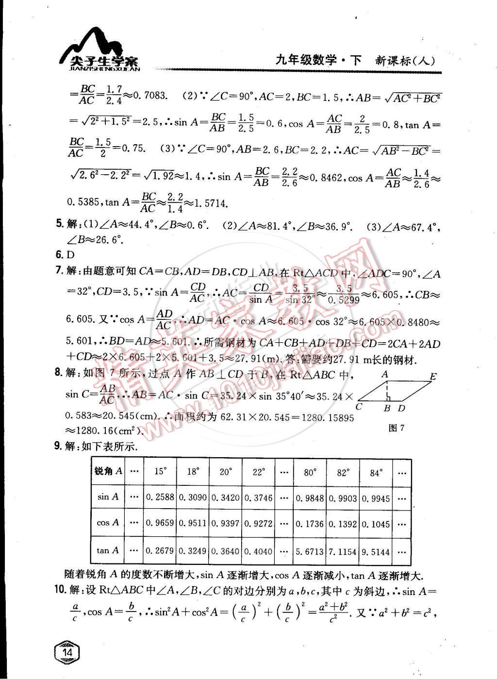 课本人教版九年级数学下册 参考答案第13页