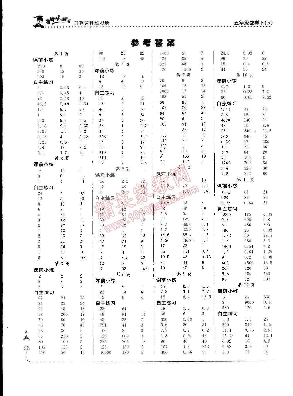 2015年黃岡小狀元口算速算練習冊五年級數(shù)學下冊人教版 第1頁