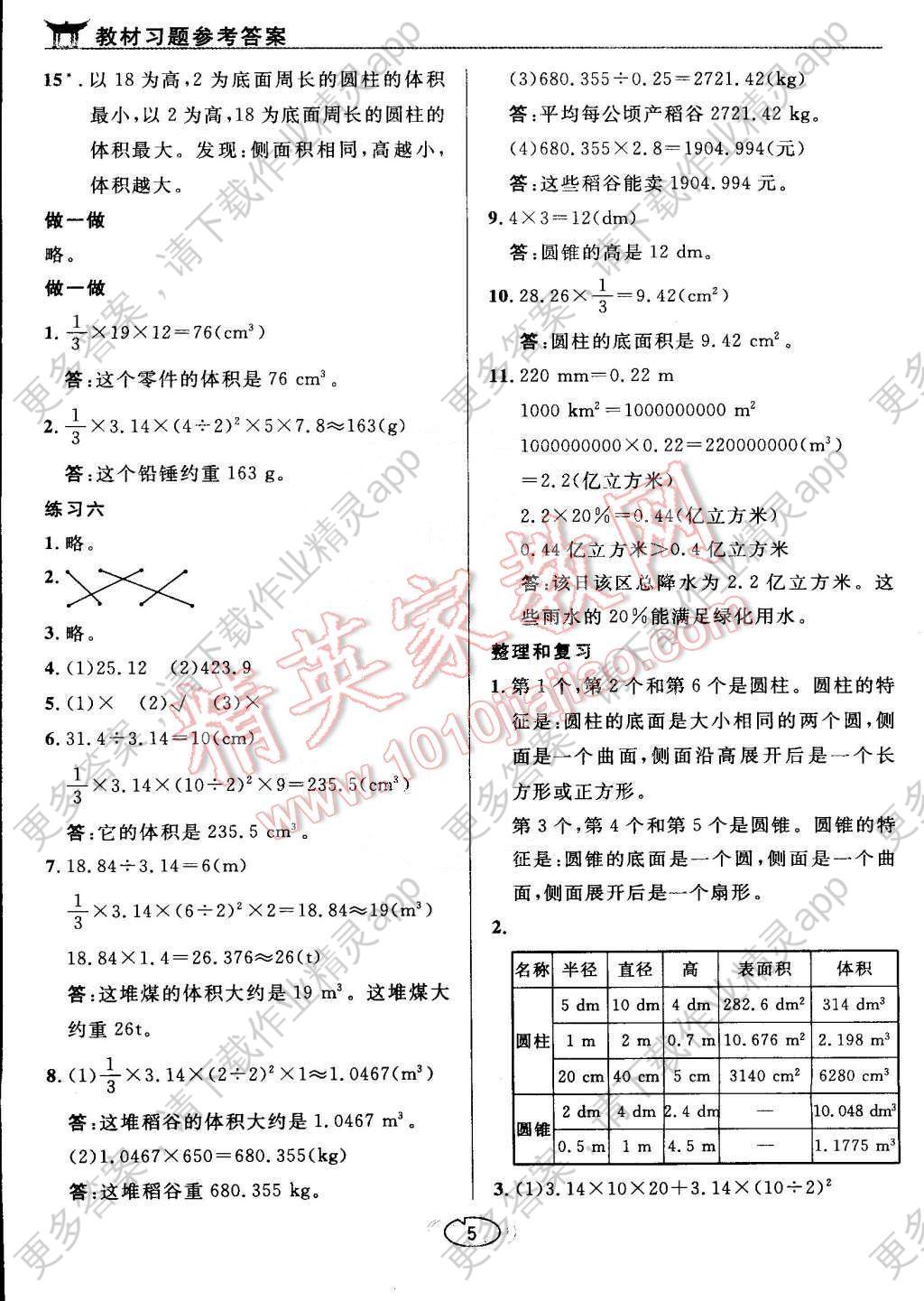 课本人教版六年级数学下册 参考答案第5页