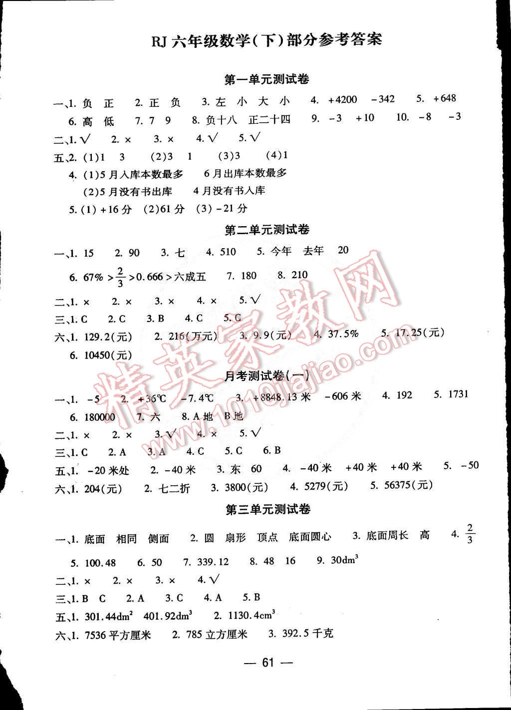 2015年名师优选全程练考卷六年级数学下册人教版