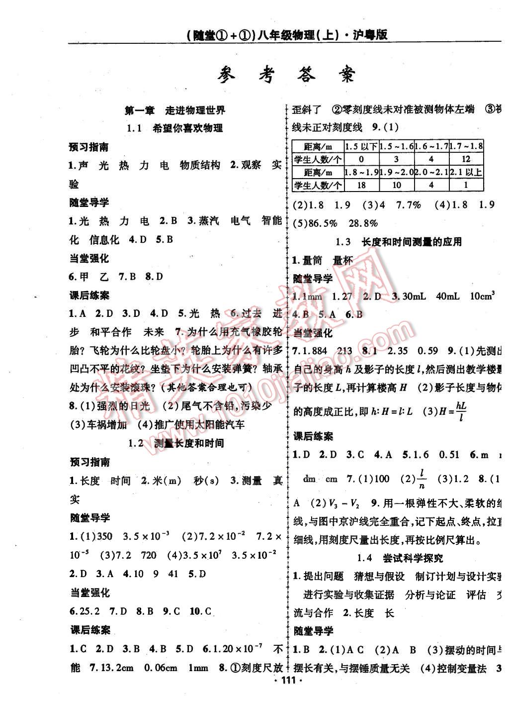 2015年随堂1加1八年级物理上册沪粤版 第1页 参考答案