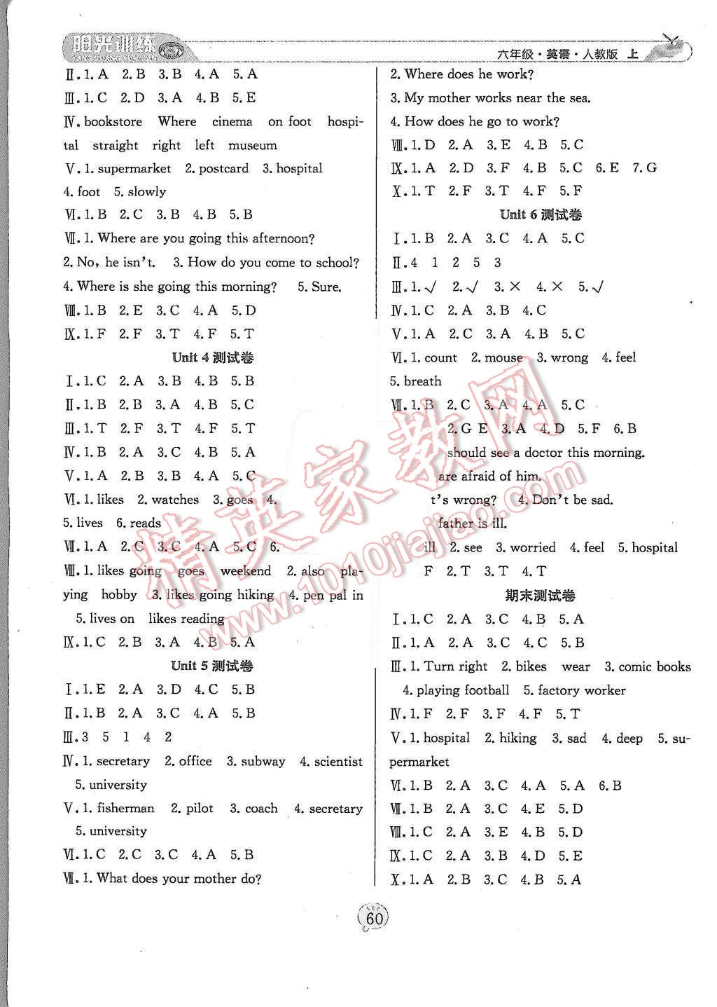 2015年陽(yáng)光訓(xùn)練課時(shí)作業(yè)六年級(jí)英語(yǔ)上冊(cè)人教PEP版 第8頁(yè)