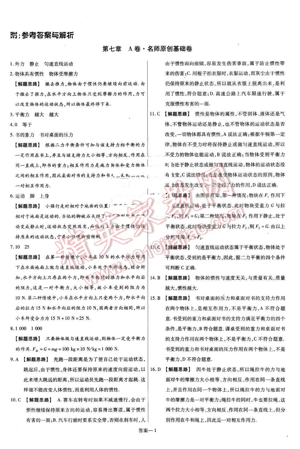 2016年金考卷活頁題選八年級物理下冊滬科版 第1頁