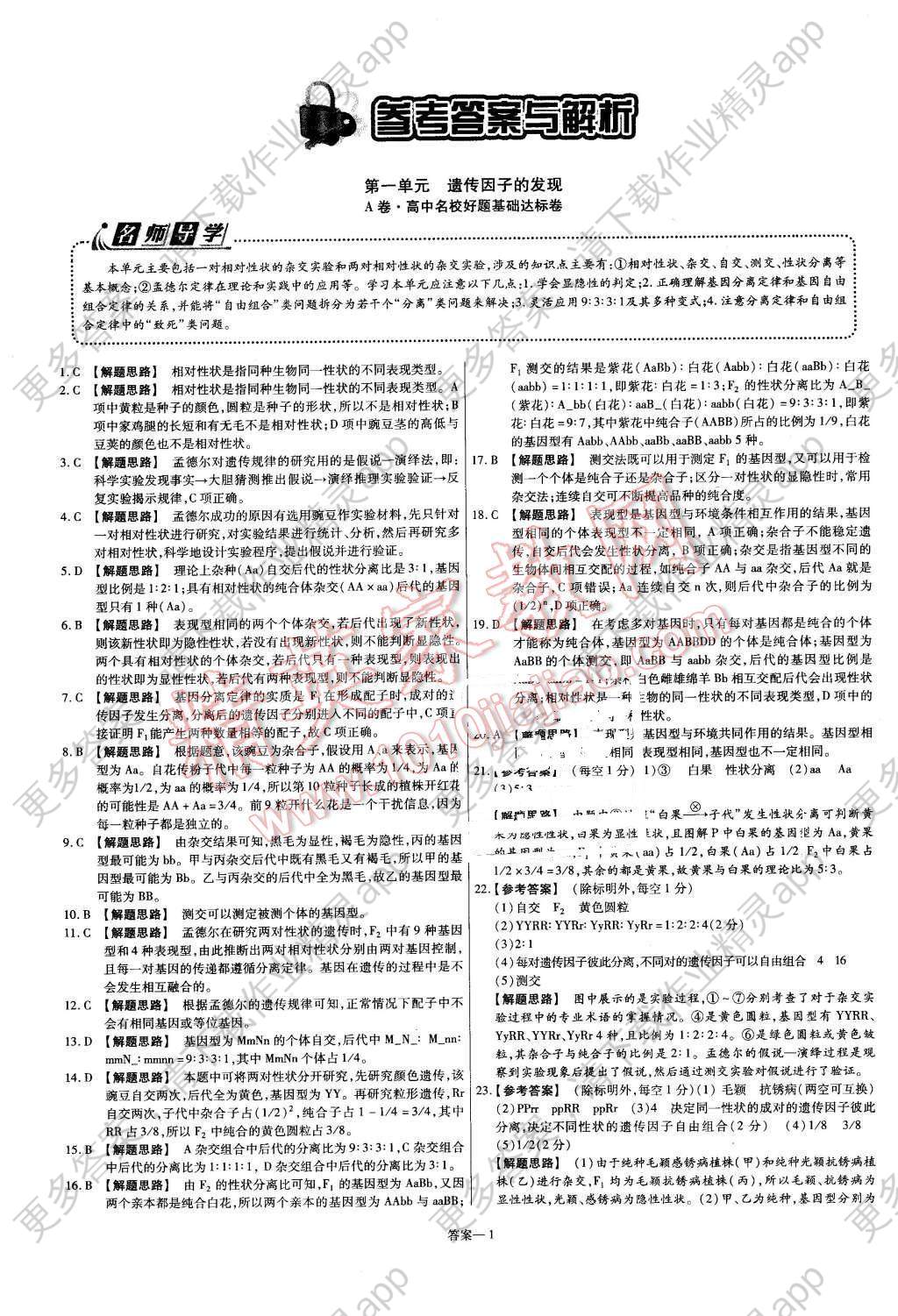 2015年金考卷活页题选高中生物必修2人教版答案