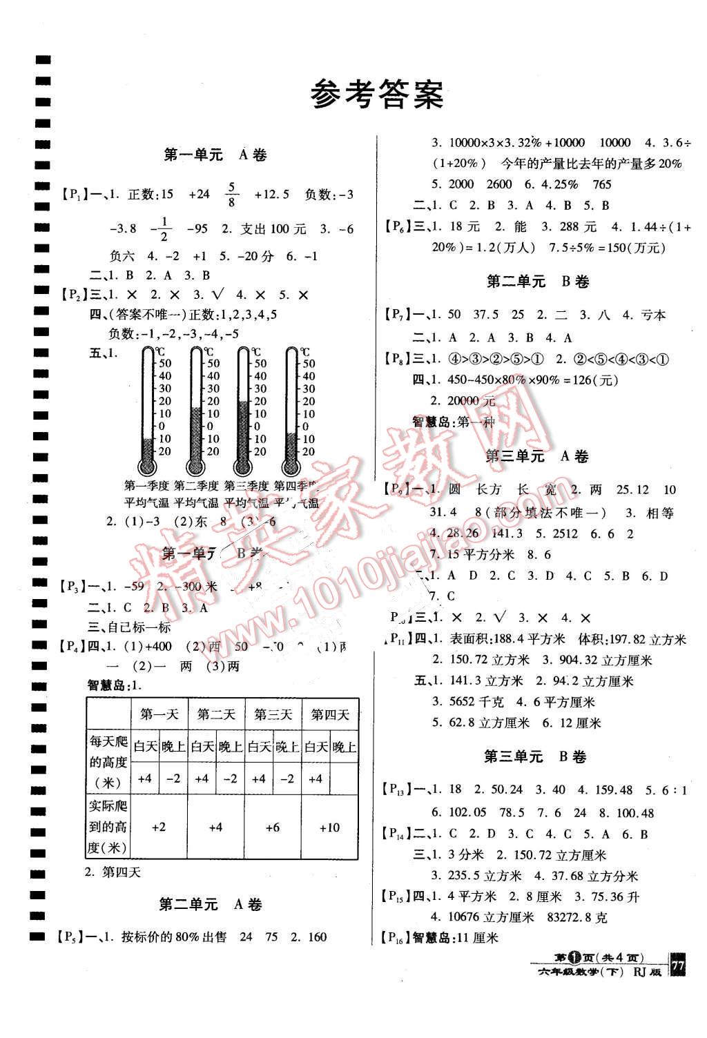 2016年最新ab卷六年级数学下册人教版答案