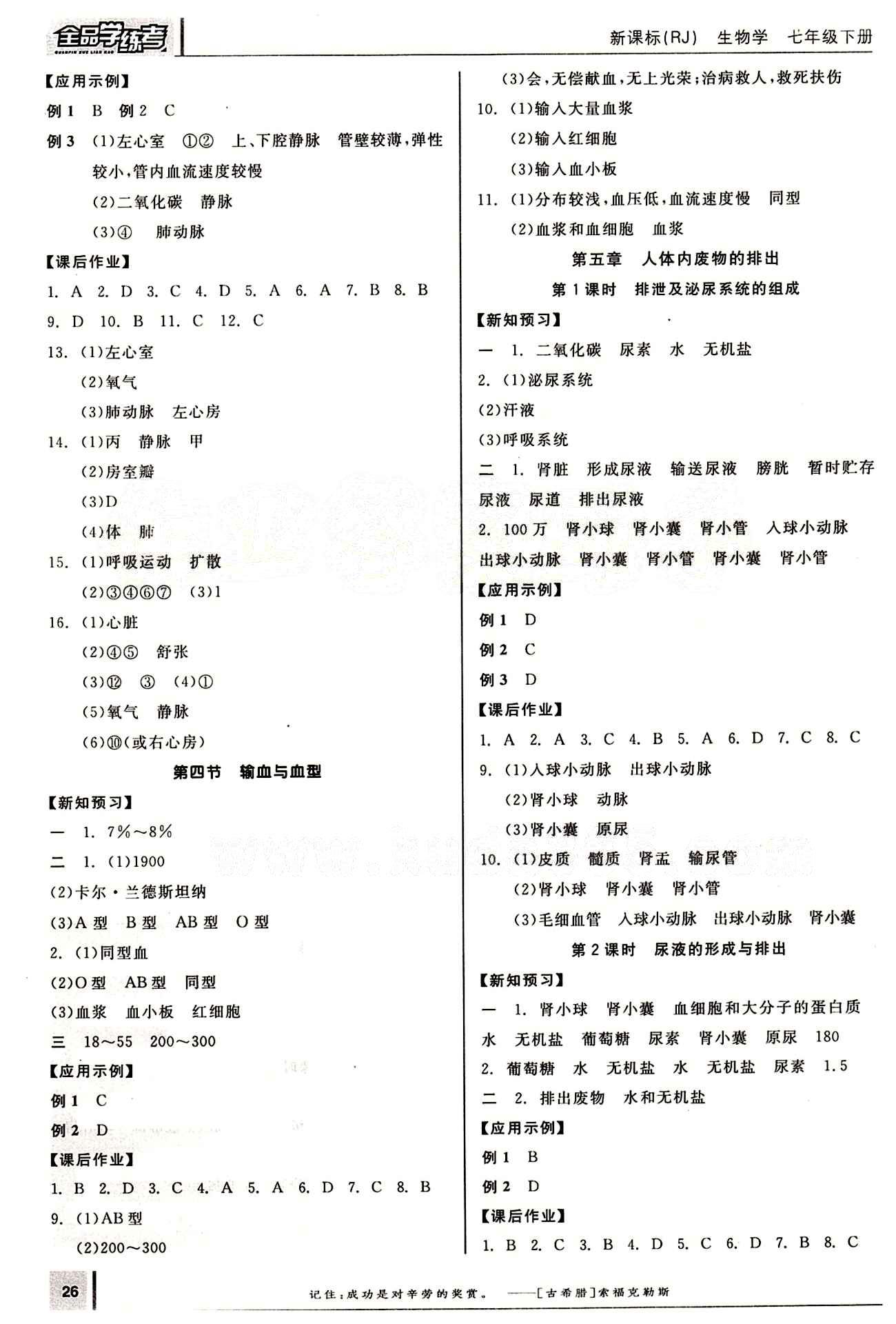 2015年全品學練考七年級生物下冊人教版 第五章 人體內(nèi)廢物的排出 [1]